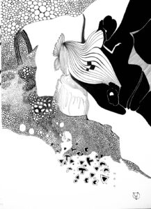 INCHWOMAN IN A DRESS SITS ON A STUMP AND PLAYS THE HARP, 05.2022